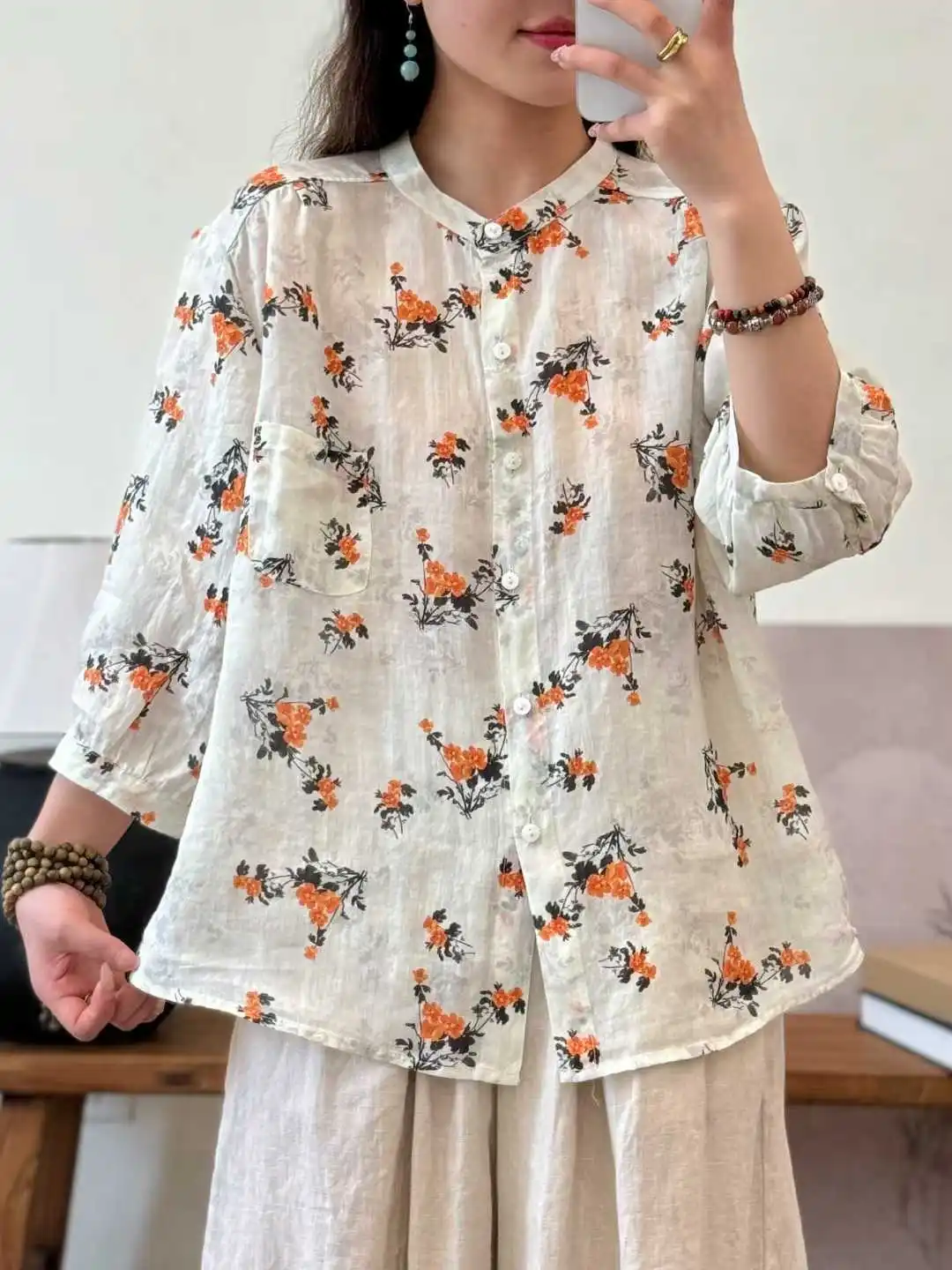 

100% linen ramie printed shirts for women vintage stand collar 3/4 sleeves flowered blouses Middle-aged women's clothes