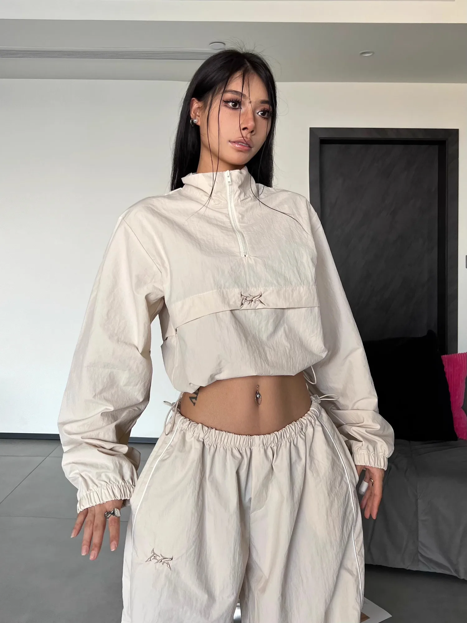 QWEEK Y2K Streetwear Khaki Pants Sets Women Gorpcore Vintage 90s Beige Tracksuit Oversized Kpop Fashion Harajuku Two Piece Set