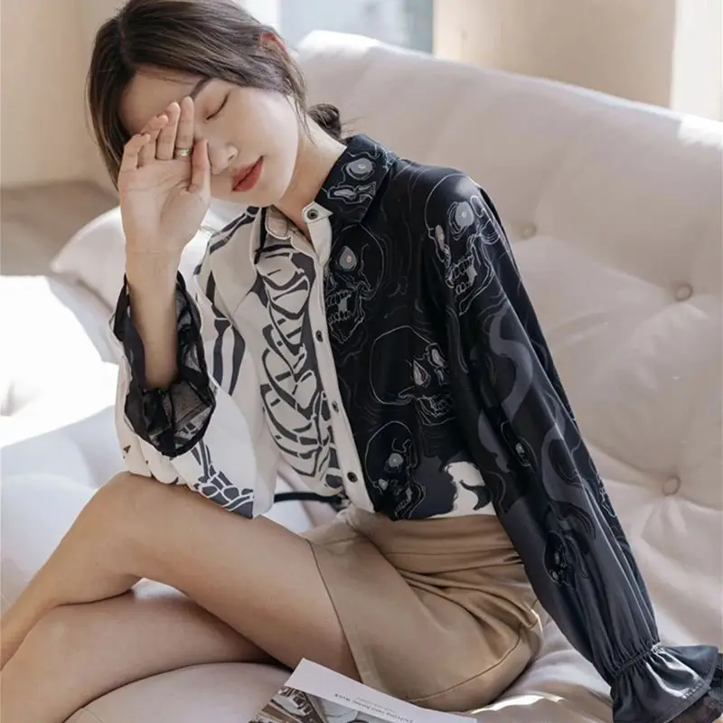 Chemisiers élégants à manches lanterne pour femmes, chemises imprimées tête de mort, chemisiers décontractés amples, streetChester, décor en dentelle, Y2K