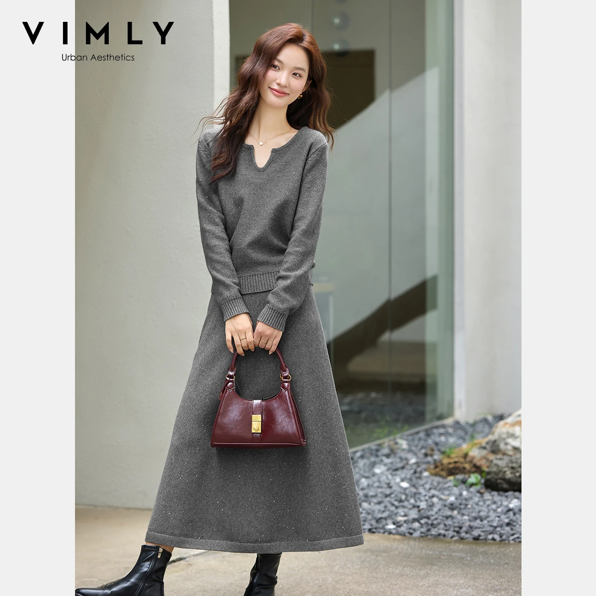 

VIMLY Women's Grey Knit Skirt Set 2 Piece 2025 Fall Casual V-neck Long Sleeve Top and A Line Skirt Female New Matching Set 75196