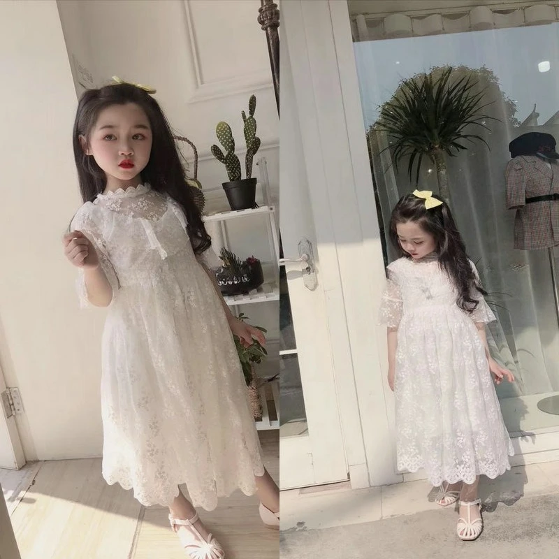 

Girls' White Embroidered Mesh Princess Dress 2025 Summer New Wedding Temperament Girl Dress Children's Clothing