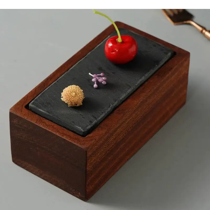 

Vintage Wooden Dim Sum Plate Snack Black Rock Sushi Dessert Dish Restaurant Molecular Cuisine Specialty Tableware