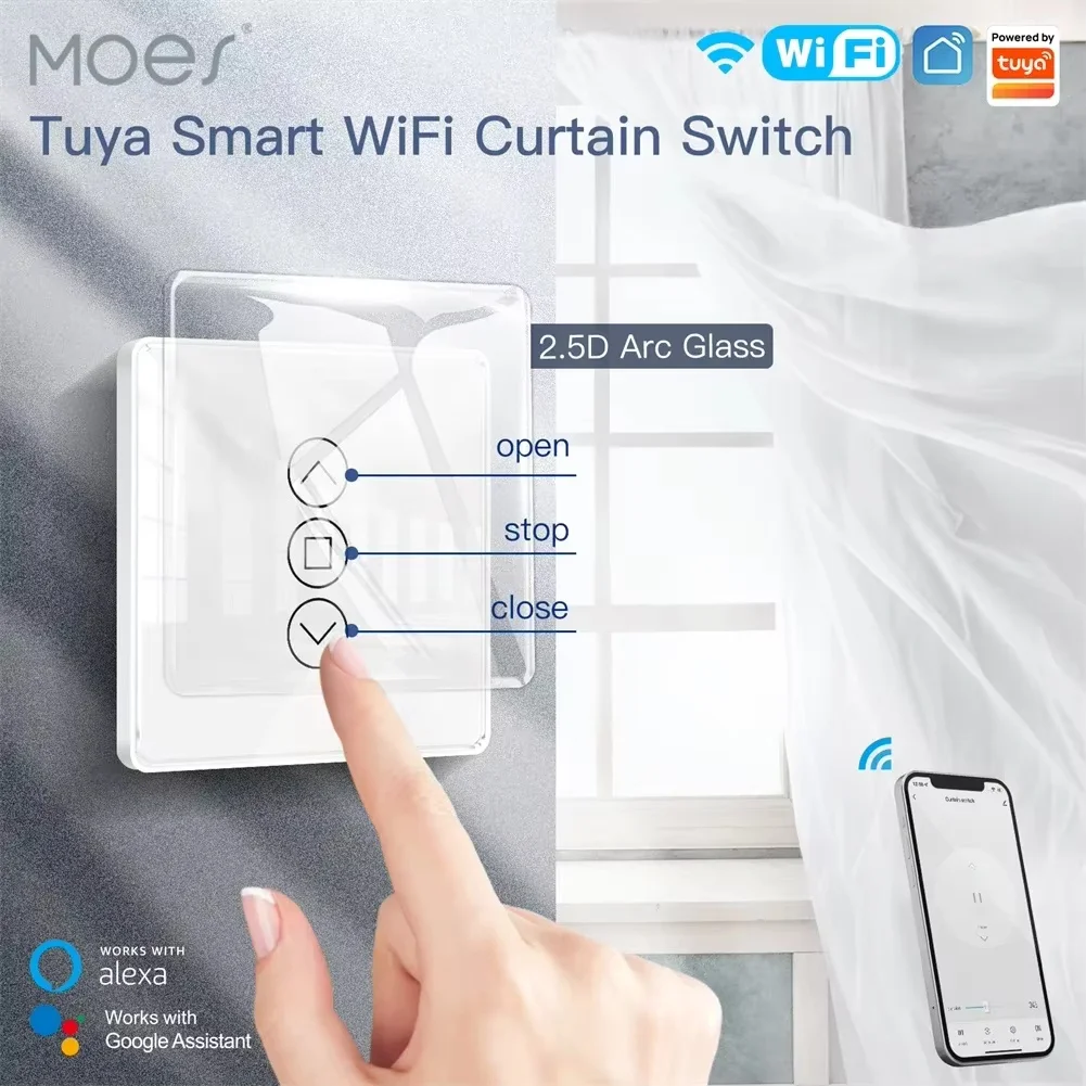 

MOES WiFi RF433 Smart 2.5D Arc Glass Touch Curtain Switch for Roller Blinds Shutters Smart Life/Tuya APP Works Alexa Google Home
