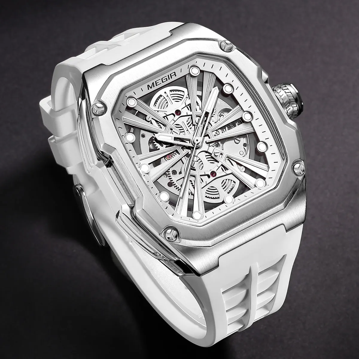 MEGIR Luxury Tonneau Skeleton Mechanical Men Watch with Mineral Glass Fashion Hollow Dial Sports Silicone Band Male Wristwatch