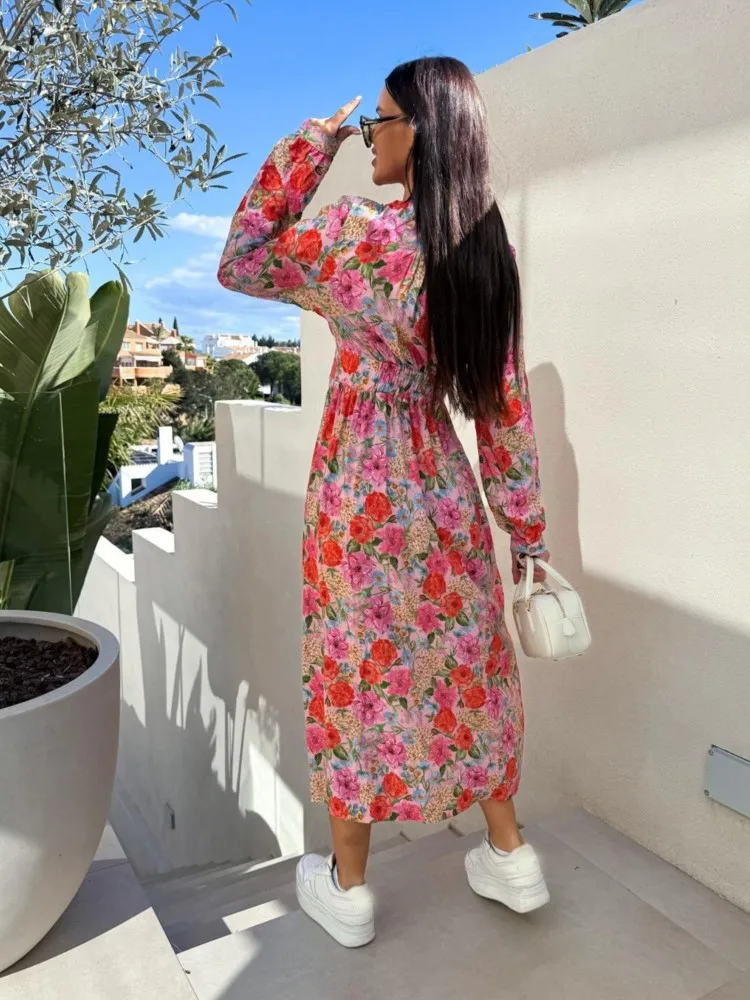 

Elegant V-neck Long-sleeved Single-breasted Dress Women Spring Summer Fashion Floral Print Waist-hugging Casual Dresses Female