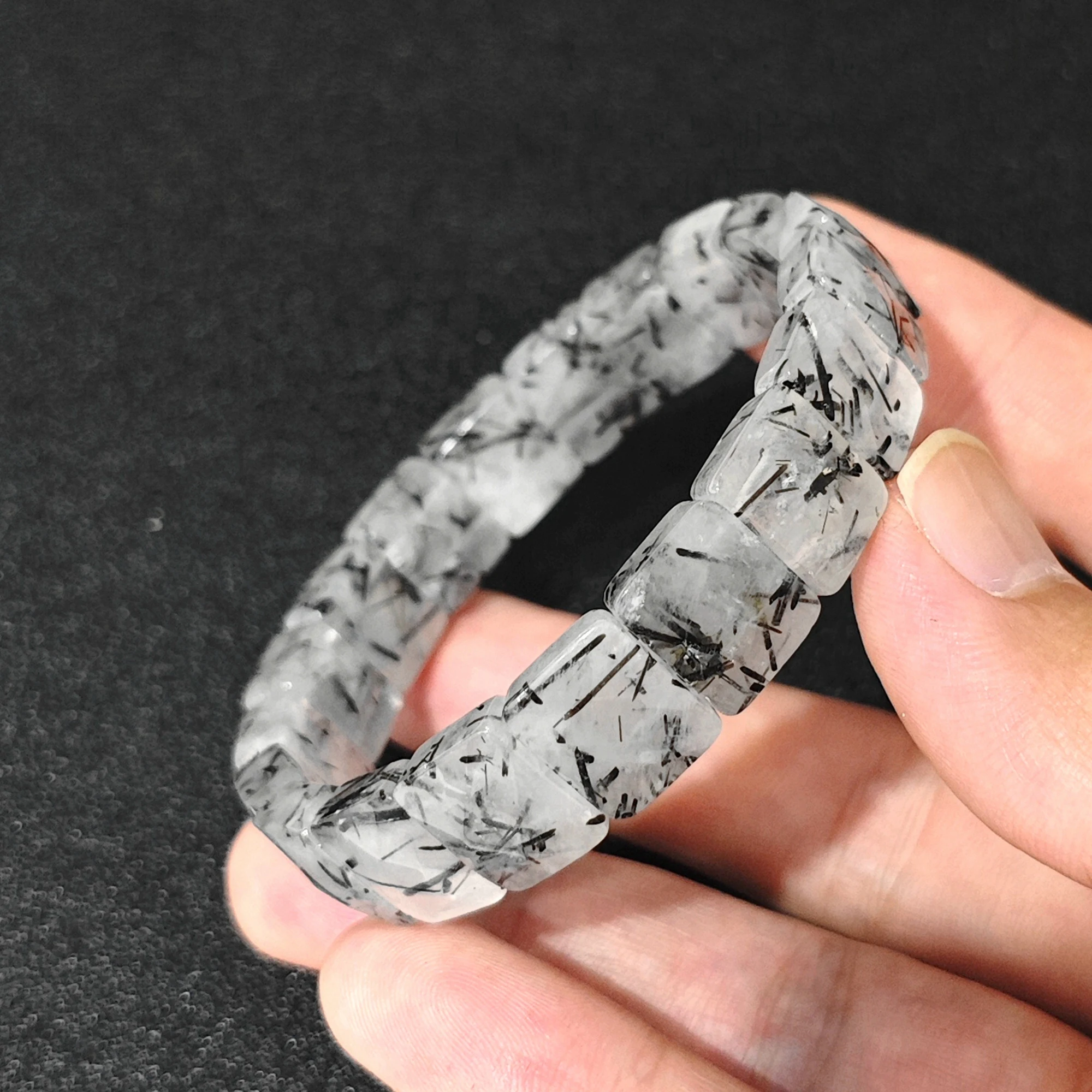 Natural Black Rutilated Quartz Bracelet 12mm Flat Rectangular Tile Bangle Tourmalinated Gemstone Stretch Cuff Gift 16-22cm