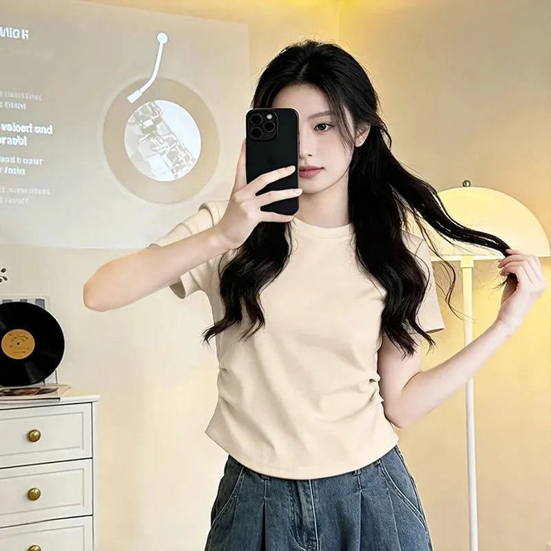 Slim Fit round Neck Short Sleeve T-Shirt Women's Summer New Design Pleated Waist Cinching Base Layer Shirt Korean Style Cotton