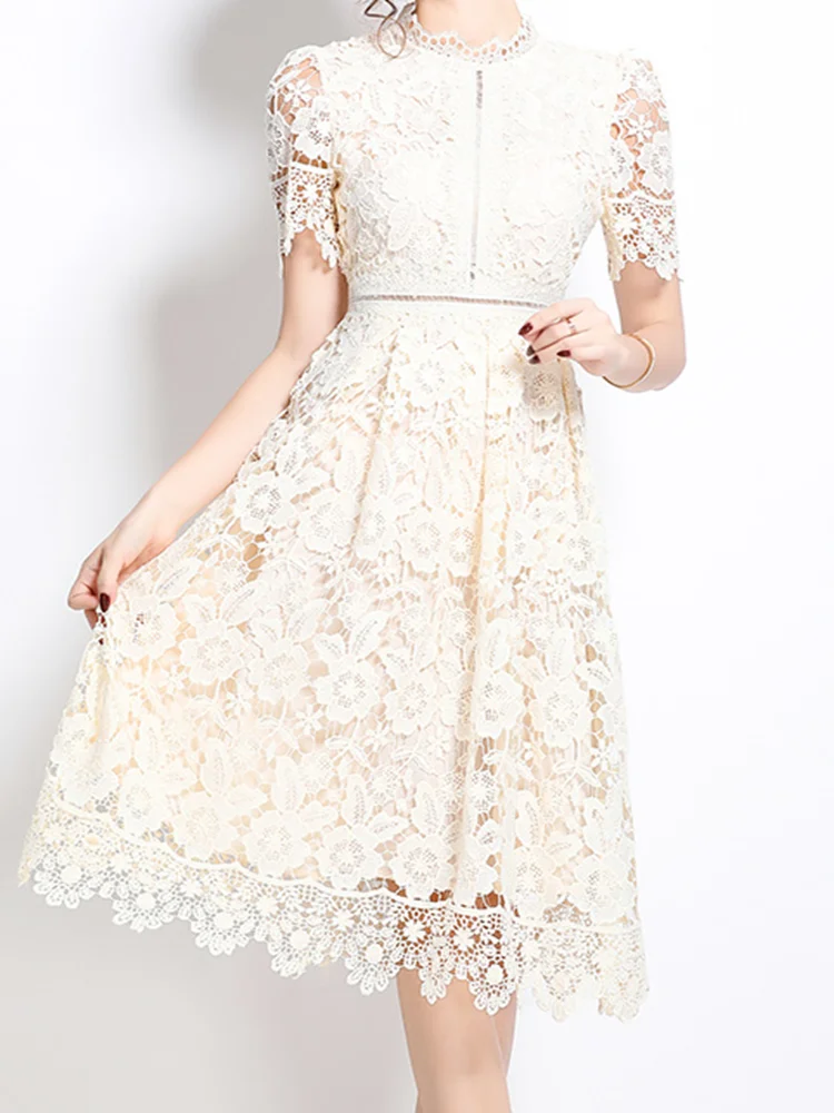 SMTHAM ฤดูร้อน Holiday Hollow Out ดอกไม้เย็บปักถักร้อยลูกไม้ชุดราตรีผู้หญิงแขนสั้น Midi ยาวพรรค Vestidos