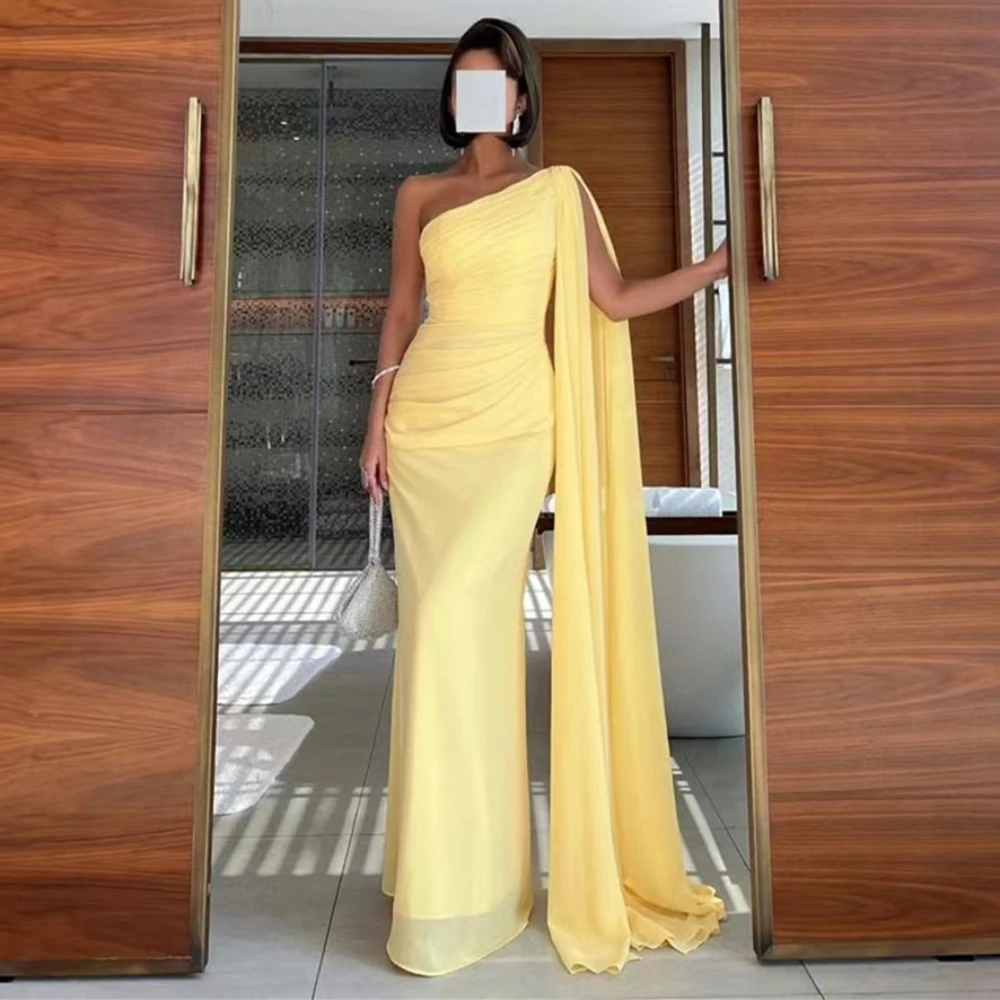 Yellow Chiffon Prom Dresses One Shoulder Flutters Evening Party Gowns Ruched Long Sheath Women Wear for Special Banquet