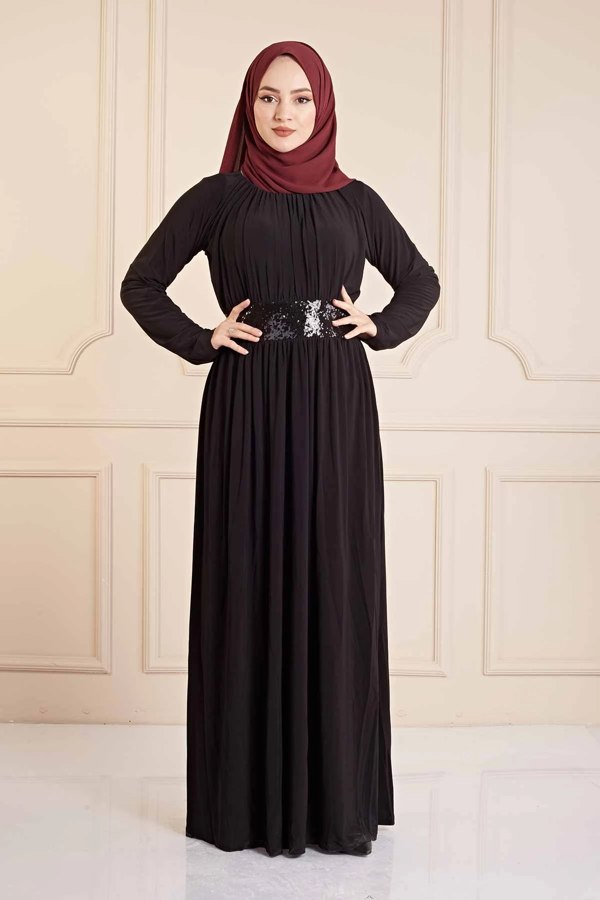 Beli Sequins Sequin Detailed Sandy Dress E Black Winter Autumn 2021 Muslim Women Hijab headscarf Islamic Turkey