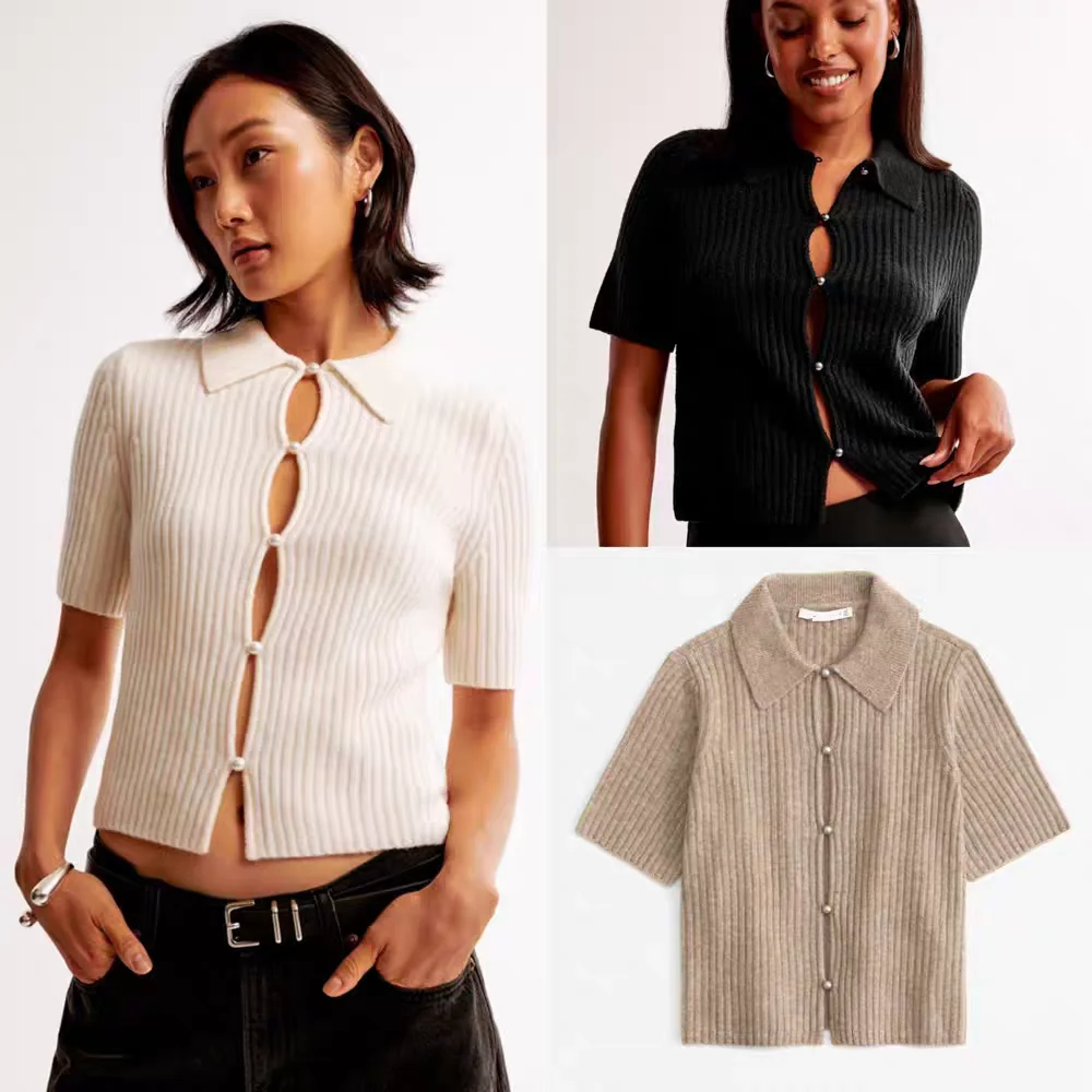 Special Offer Soft Skin-friendly Elastic Pearl Button Hollow  Neck Short Sleeve Knitted T-shirt for Young Women 25-29