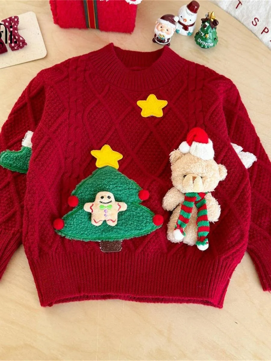 

Теплый вязаный свитер в клетку для детей, новогодняя одежда для мальчиков и девочек, зимний трикотажный базовый слой, красный клетчатый дизайн, детская одежда