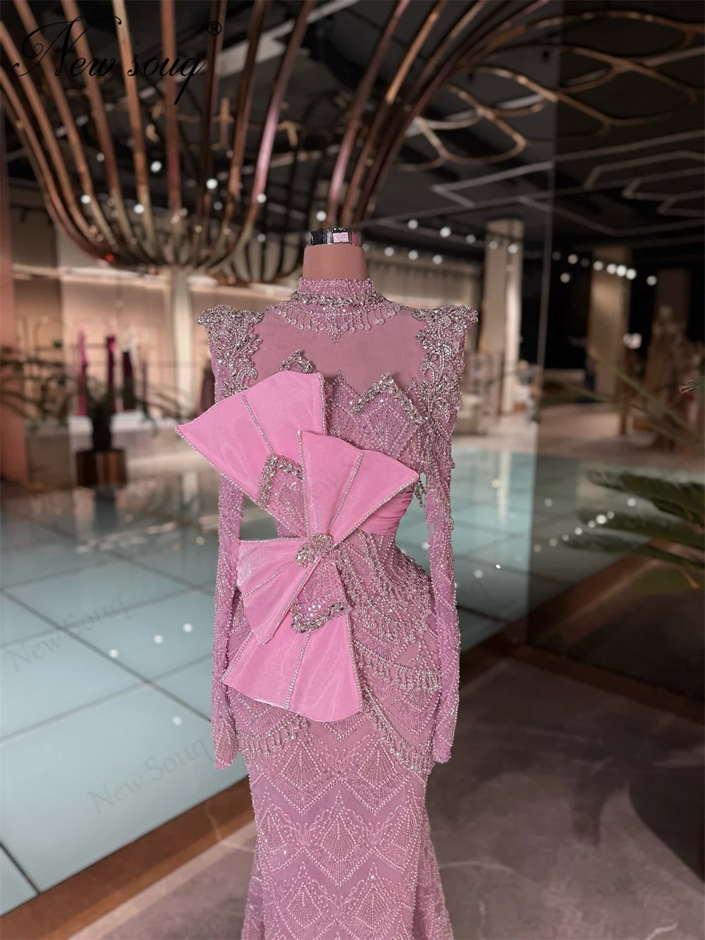 Medio Oriente Rosa Perline Abiti da sera Robes De Soiree Perline Maniche lunghe Abito da ballo Abiti da festa di nozze Personalizzati 2026