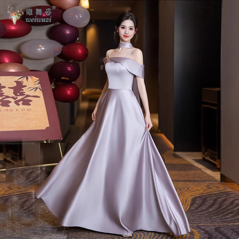 2025 novo roxo suave cetim uma linha colar fora do ombro gola quadrada mangas bolha cintura alta vestido de casamento da dama de honra