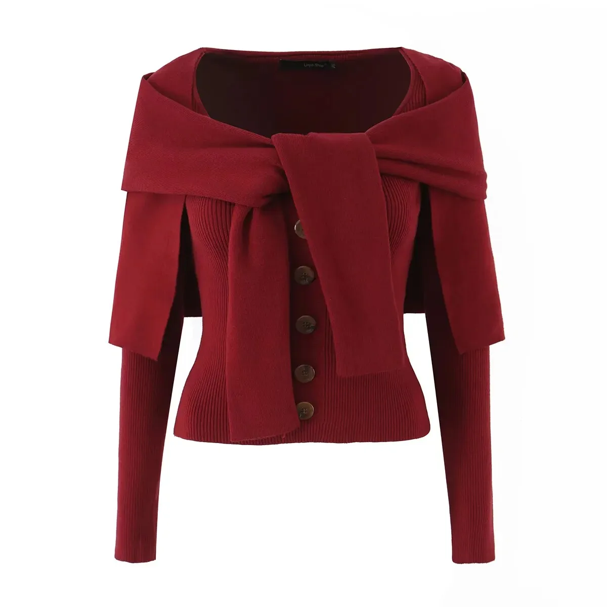 2026 new autumn women's design niche solid color slim long-sleeved sexy collarbone exposed fake two-piece sweater