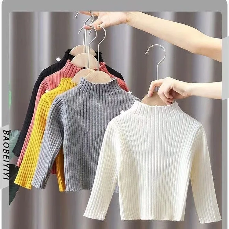 Children  Sweater Semi High Neck Sweater Spring and Autumn Girls  Fashionable Base Coat Can Be Freely Matched