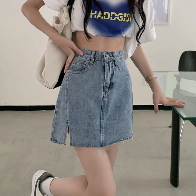 Dżinsowa spódnica z wysokim stanem damska, rozkloszowana, z rozcięciem, wyszczuplająca, rozszerzana, w stylu koreańskim, do pracy, jednolita.