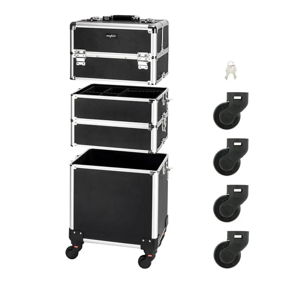 حقيبة قطار مكياج دوارة 4 في 1 من الألومنيوم، منظم سفر محمول بعجلات، حقيبة تخزين مستحضرات التجميل قابلة للقفل (أسود)