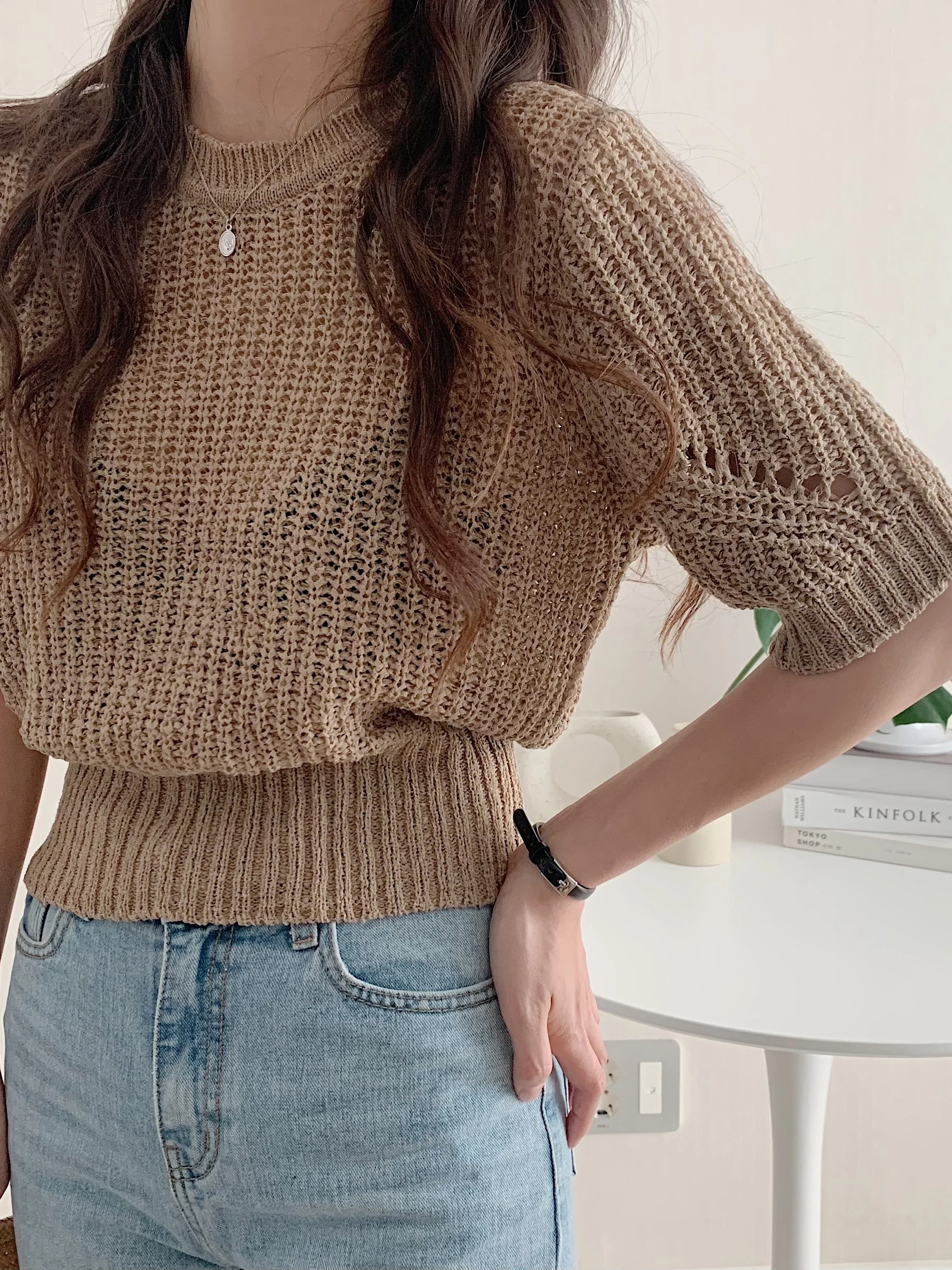 

Korean Sle Hollow ort Sve Knitted Sweater Women's Summer ort Top round Ne Overhead Thin Design Trendy Sweater