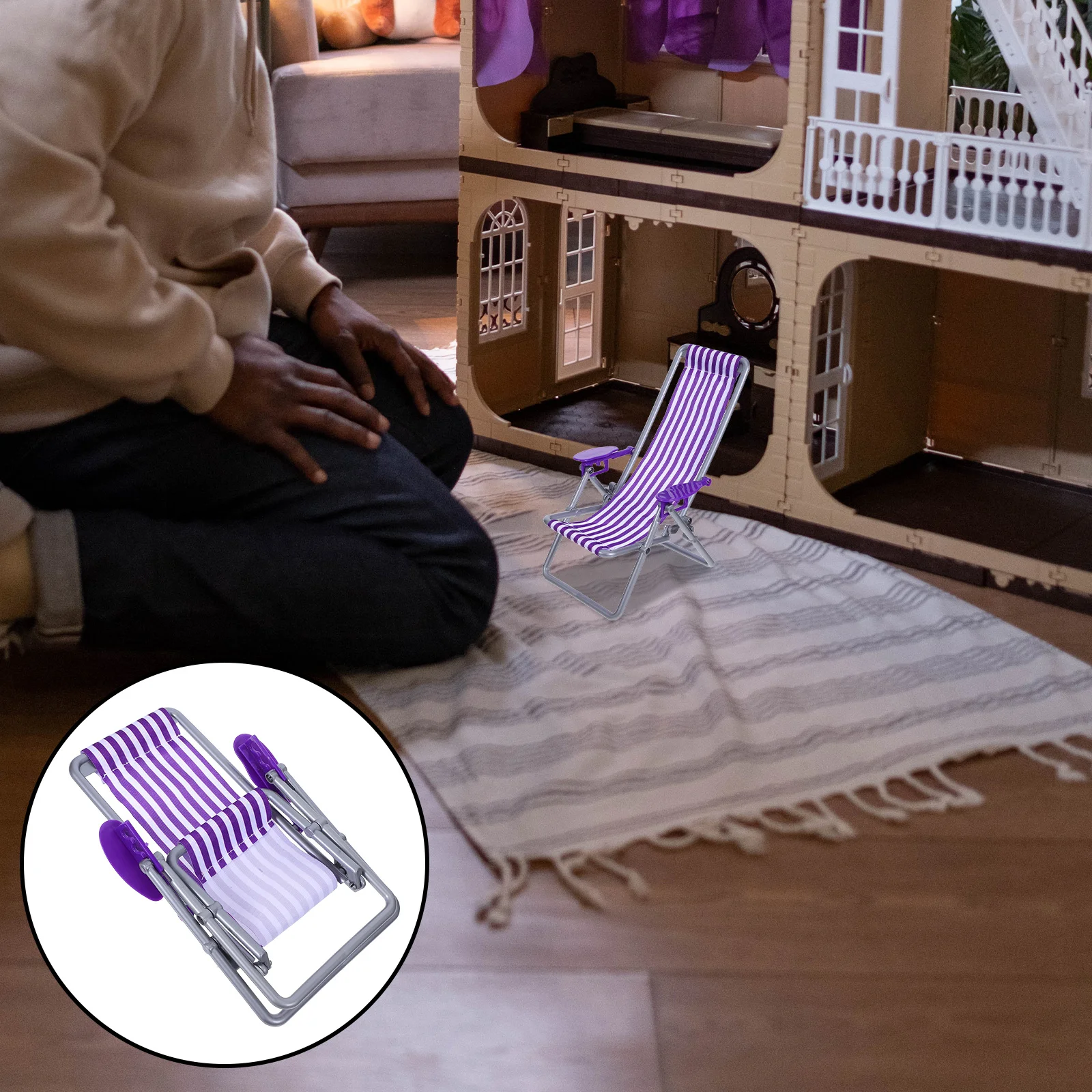 เก้าอี้ชายหาดพับได้ขนาดเล็ก ลายทาง ดีไซน์กะทัดรัด สำหรับบ้านตุ๊กตา เก้าอี้อาบแดด DIY ตกแต่งสวนจิ๋ว ที่วางโทรศัพท์สุดน่ารัก