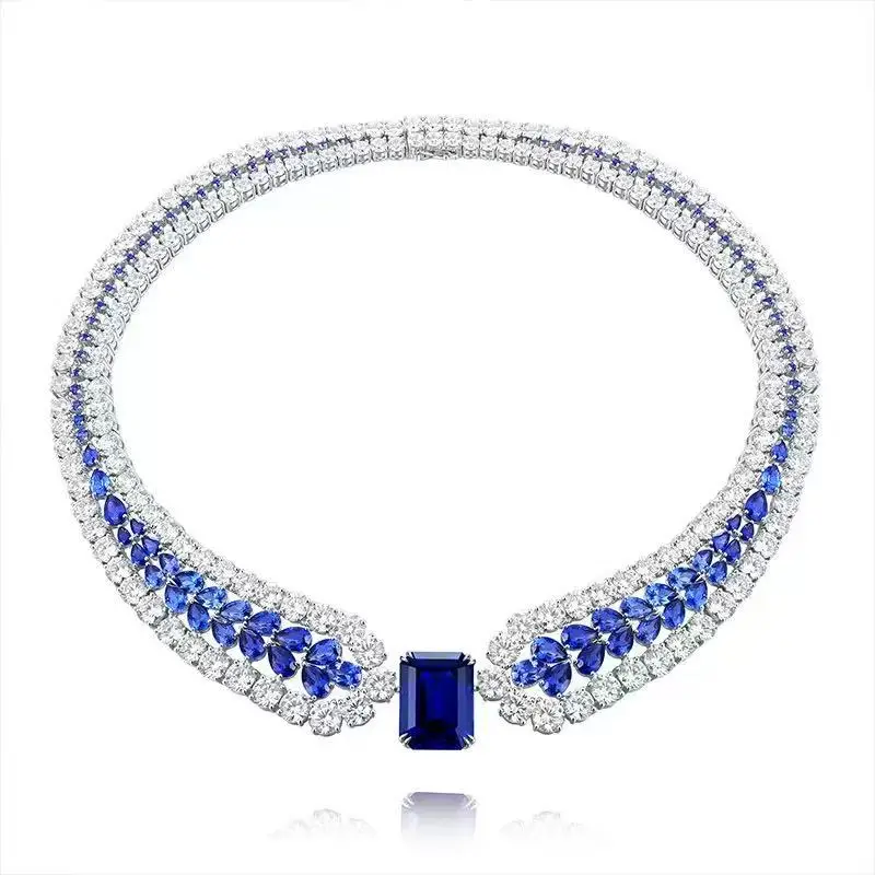 BELLUX New Arrival Luxury Jewelry Large Carat Square Royal Blue Sapphire 925 Silver Artificial Gemstone Fine Banquet Necklace