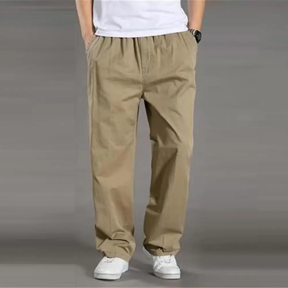 Cotton Trousers Durable Men's Cargo Pants for Outdoor Activities Wide Leg Work Trousers with Pockets Solid Color for Hiking