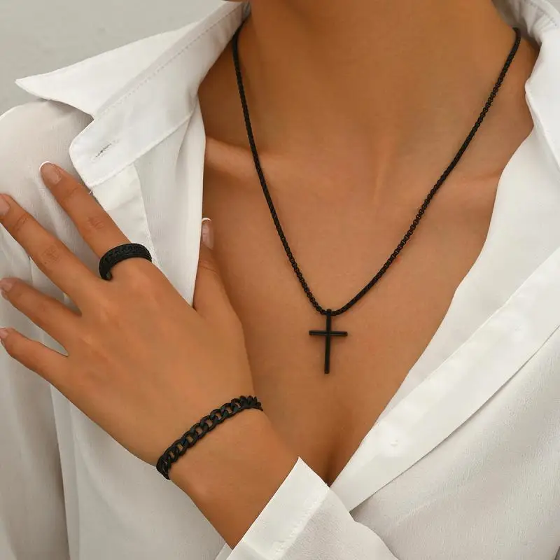 3 قطعة مجموعة الرجال الفولاذ المقاوم للصدأ المعادن الصليب سلسلة بدلاية قلادة سوار خاتم مجموعة الذكور الهيب هوب ارتداء اليومي الملحقات