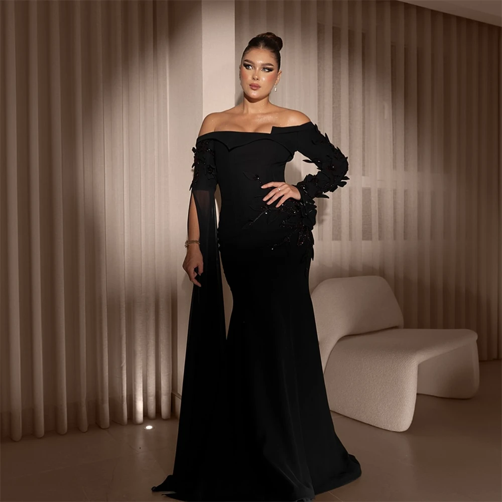 

Customized Mermaid Simple Black Jersey Evening Dresses Exquisite Off the Shoulder Long Sleeves Homecoming Dresses Prom Dress