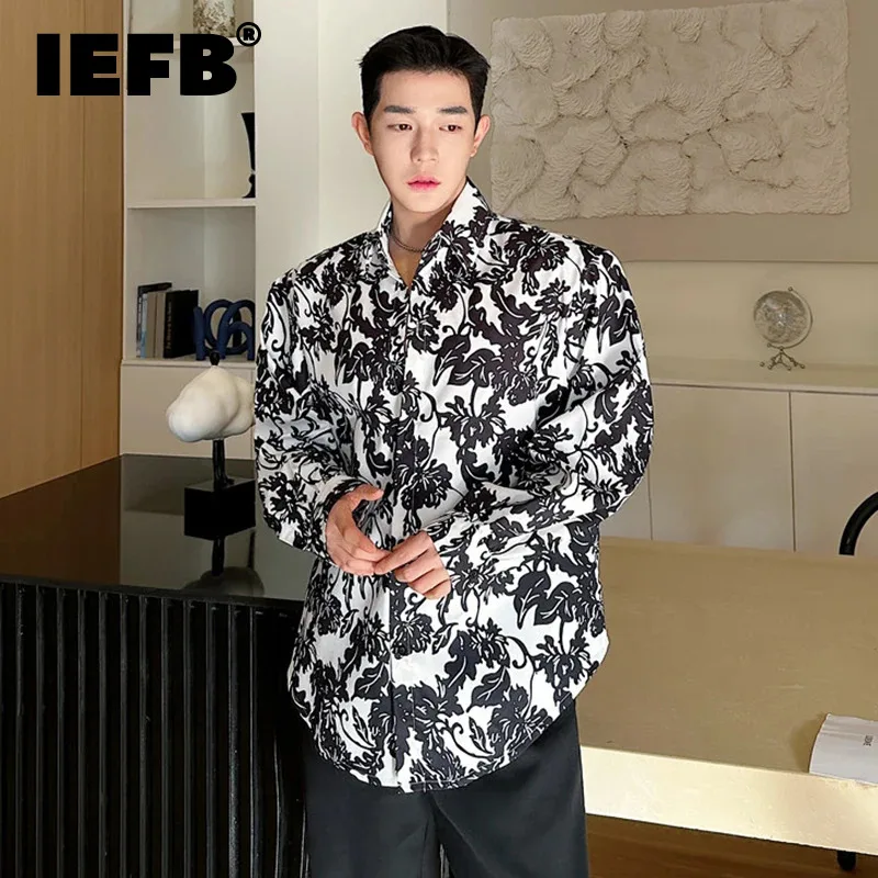 

IEFB New Chinese Style Shirt Personalized Printing Loose Casual Turn-down Collar Long Sleeve Male Top 2024 Autumn Trend 9C5322