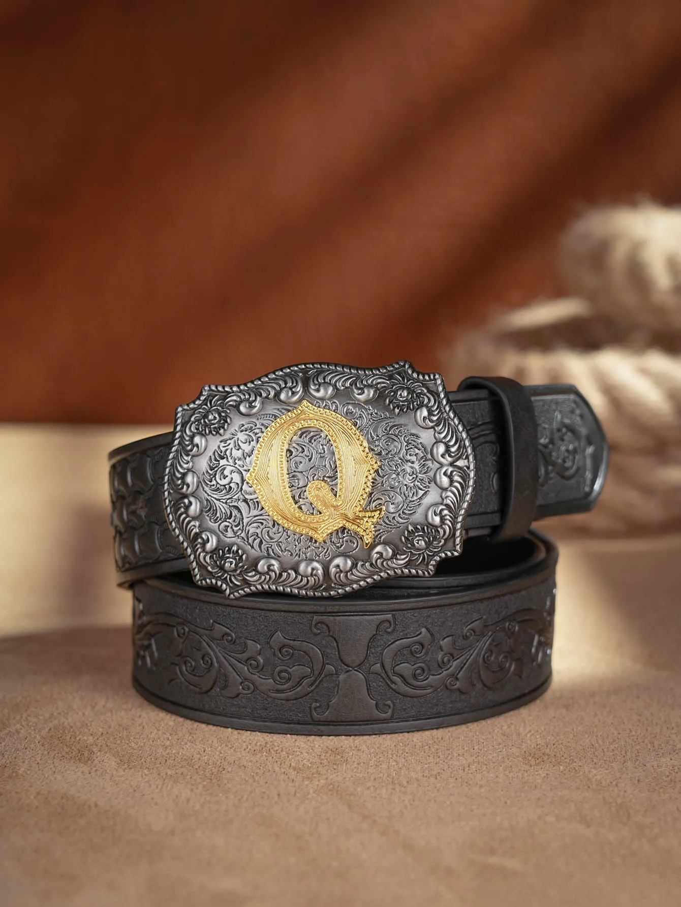 Western Cowboy PU-Ledergürtel – Herren-Hüftgurt, Stier-Dekoration, Blumenmuster, graviert für Jeans – Detail 35