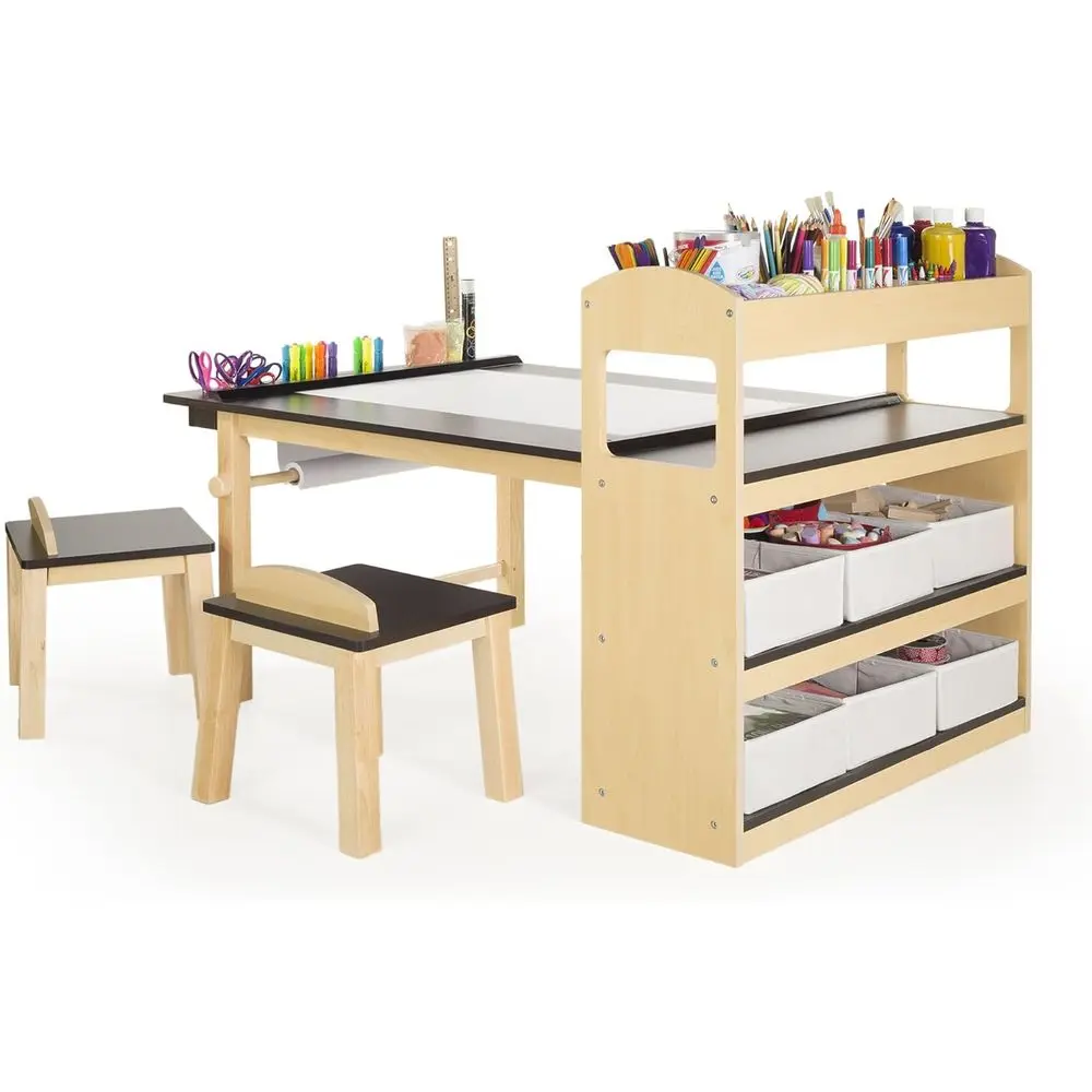 

Deluxe Art Center: Kids' Montori Art Table and Chairs Set with Storage Shelves, 6 abric Bins, Paper Roll | Wooden Kids' Activity