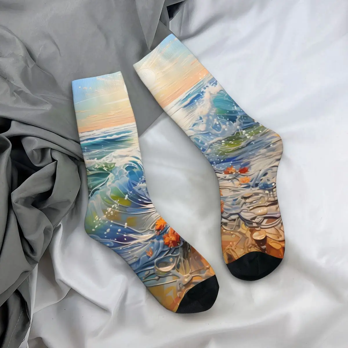 Retro Summer Beach Crashing Waves Oil Painting Men's compression Socks Unisex Harajuku Pattern Printed Novelty Crew Sock