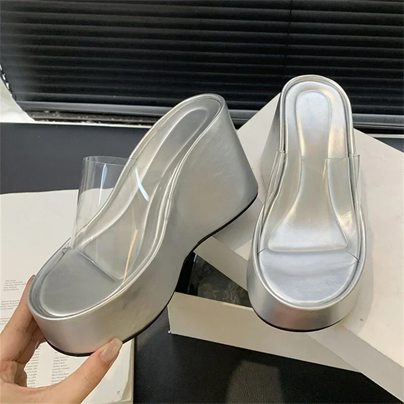 PVC Transparent Open Toe Women Slippers Fashion Solid Platform Wedges Shoes High Heels Casual Party Summer Sandals