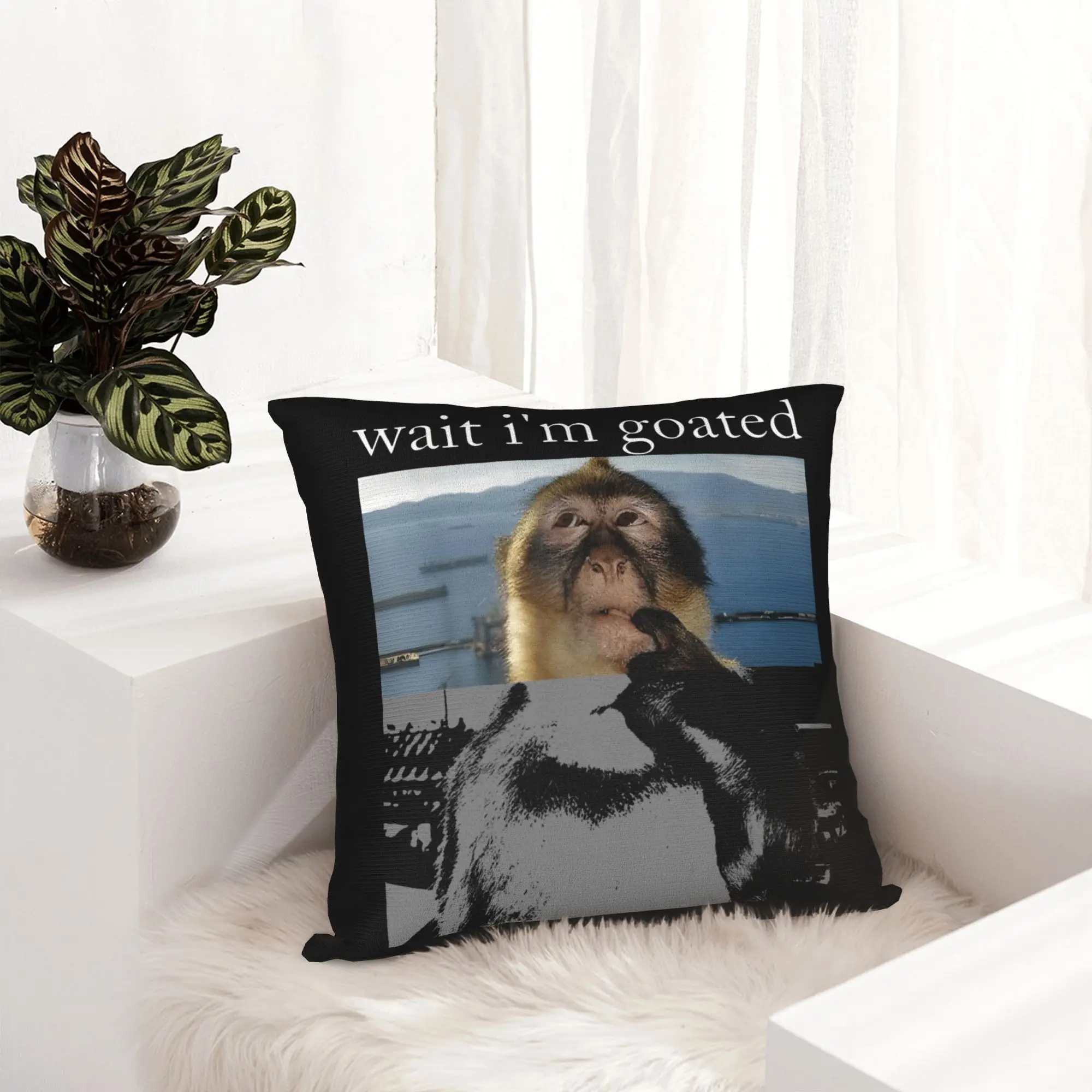 Wait I'M Goated Funny Thinking Monkey Meme Brainrot Pillowcase Printed Cushion Cover Decor Pillow Case Cover Home Square 40X40cm
