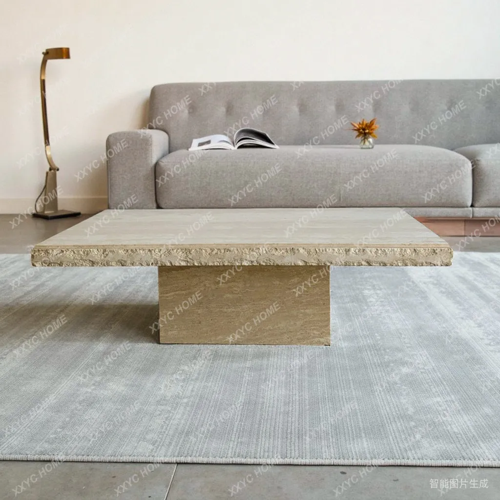Crushing effect natural travertine square coffee table model room living room simple coffee table