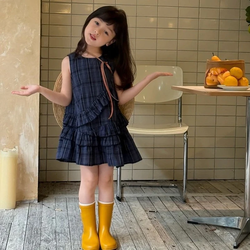 

2025 Summer New Style for Older Children: Stylish Irregular Vest Skirt, Summer Dress with Checked Frills for Princess.