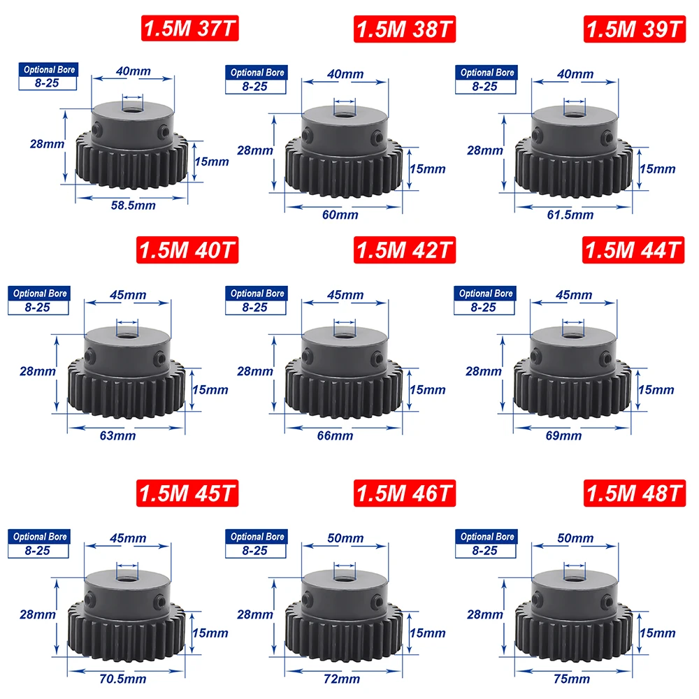 1.5M 37/38/39/40/42/44/45/46/48/50/60/65/70/80T Teeth Module Mod Pinion Fixed Spur Gear Motor Transmission Metal Gears 45# Steel