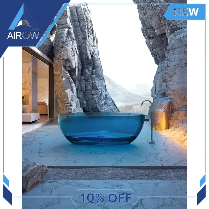 for Luxury Hotel Blue Transparent Freestanding Bathtub Modern Outdoor Oval Resin Tub Large Soaking Bath for Villa Garden Spa