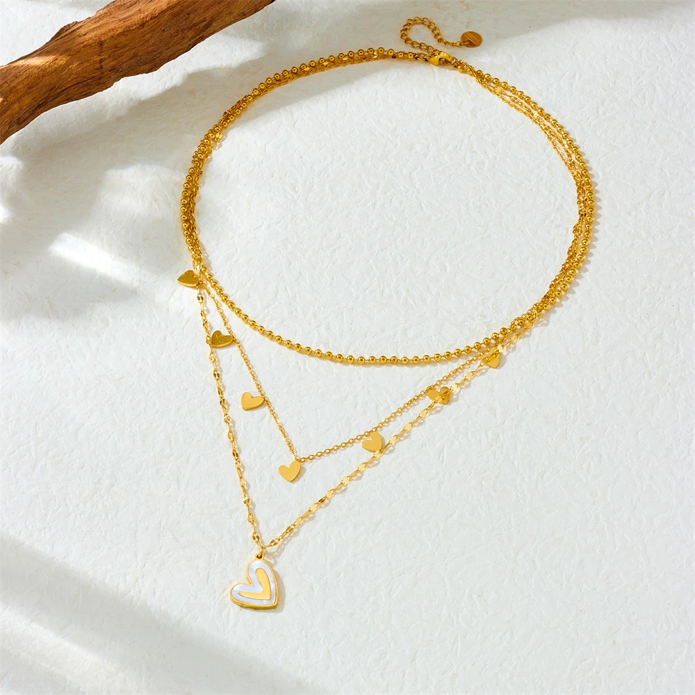 DIEYURO 316L Stainless Steel Golden White Shell Heart Shape Multilayer Necklace For Womens New Fashion Neck Chain Jewelry Gift