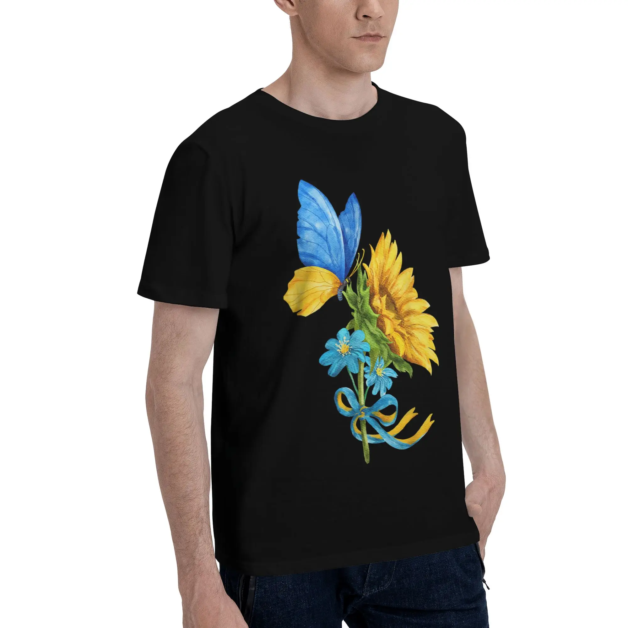 Funny Sunflower Ukraine Flag Butterfly Ukrainian Flag T-Shirt for Men  100% Cotton T Shirts  Short Sleeve Tee Shirt Summer Tops
