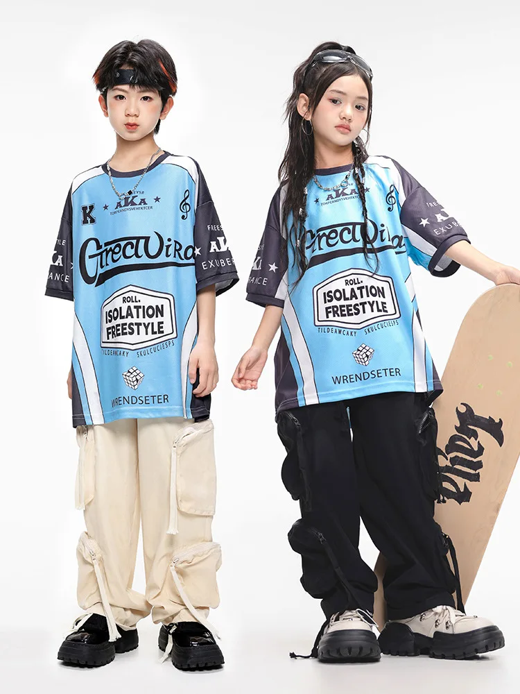 

Kid Hip Hop Clothing Blue Letters Print T Shirt Beige Black Casual Multi Pockets Cargo Pants for Girl Boy Dance Costumes Clothes