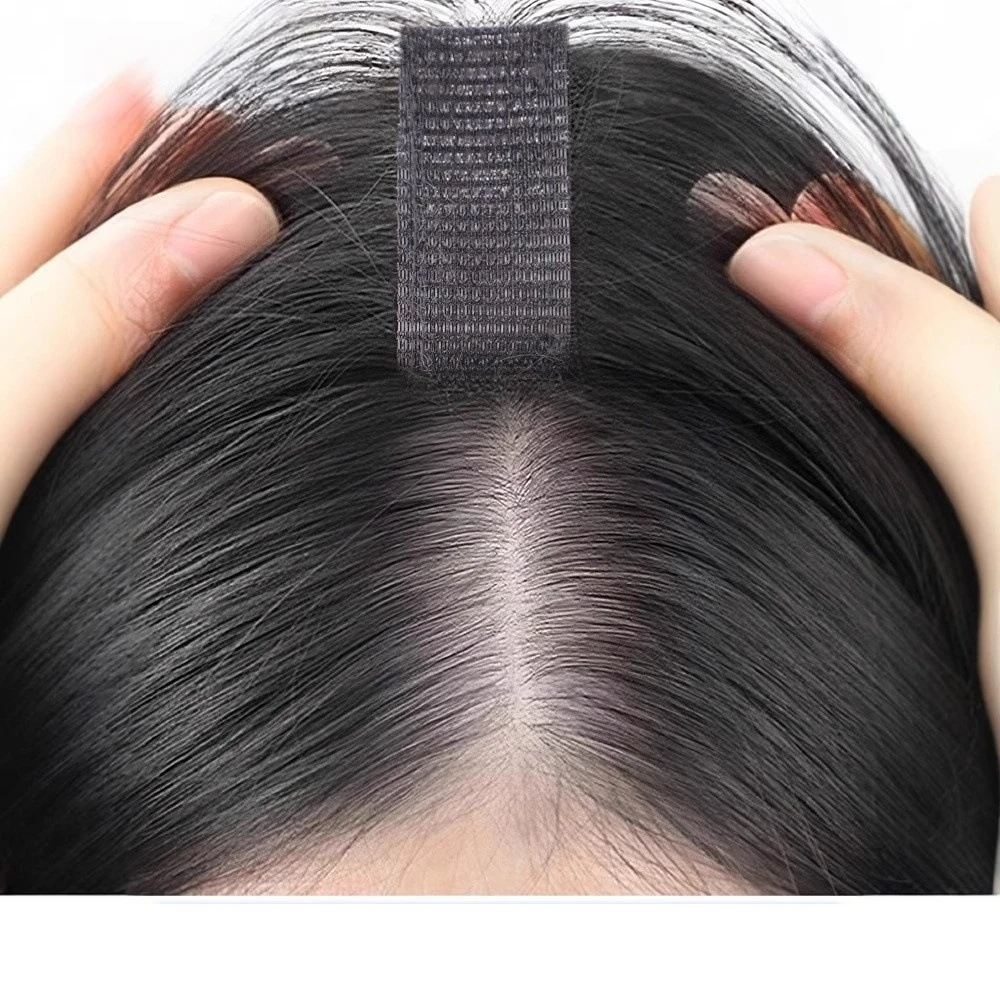 No Clip Toppers Human Hair Fringe Upgraded Magic Paste Hair Toppers Bangs for Women Fluffy Hair Cover Sparse Hair Seams Patches