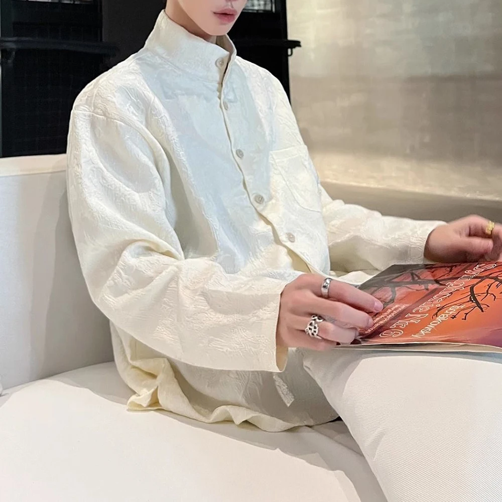 New Chinese Style Jacquard Stand Collar Shirt Men Autumn Winter New Fashion Loose Casual Versatile Design Solid Color Shirt Men