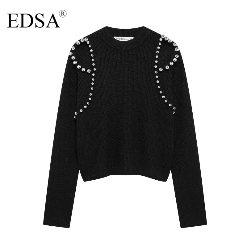 

EDSA Women Black Knitted Sweater with Beading Shoulder Opening Design Sweaters Vintage Female Pullover Chic Tops