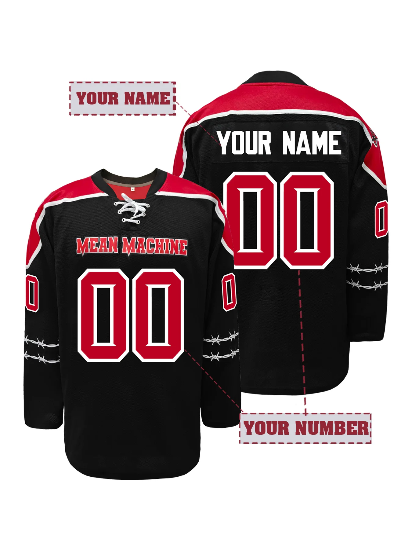 Custom Embroidered Mean Machine Themed Hockey Jersey, Personalized Name Number Black Red Stitched Ice Hockey Uniform for Men