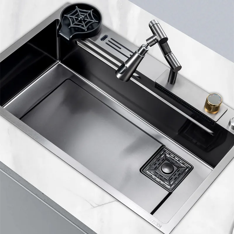 

304 Stainless Steel Nano Kitchen Sink Waterfall Digital Display Sink Knife Rest Sink Kitchen Fruit and Vegetable Washing Sink