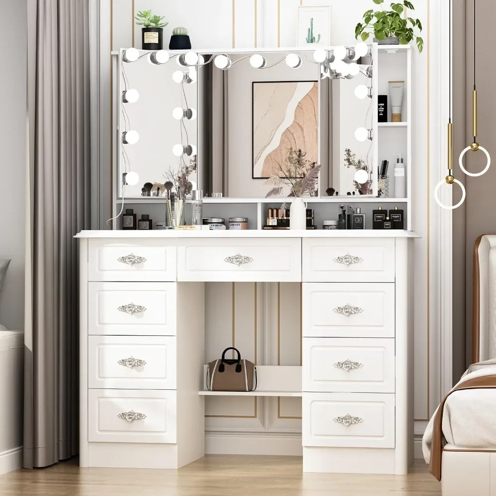 White Makeup Vanity Desk with 15 Light Bulbs & 3 Mirrors, Modern Vanity Table Dressing Table with 9 Drawers, Hidden Shelves