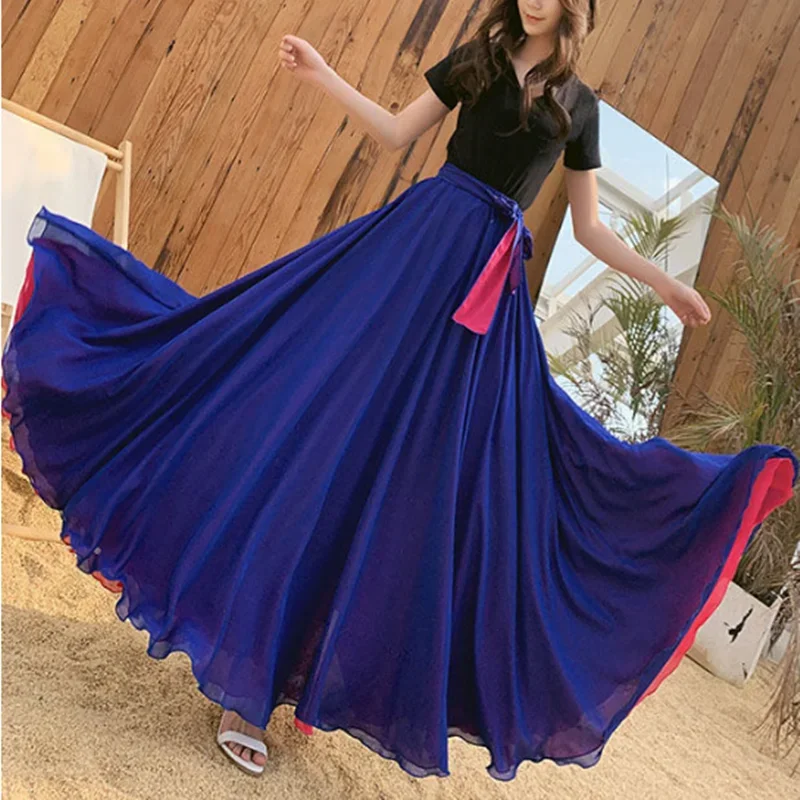 Lady Red Chiffon Solid Ruffles Floor-Length Skirts Princess Ethnic Style Simple Dress Reversible Elasticated Waist High Stretch