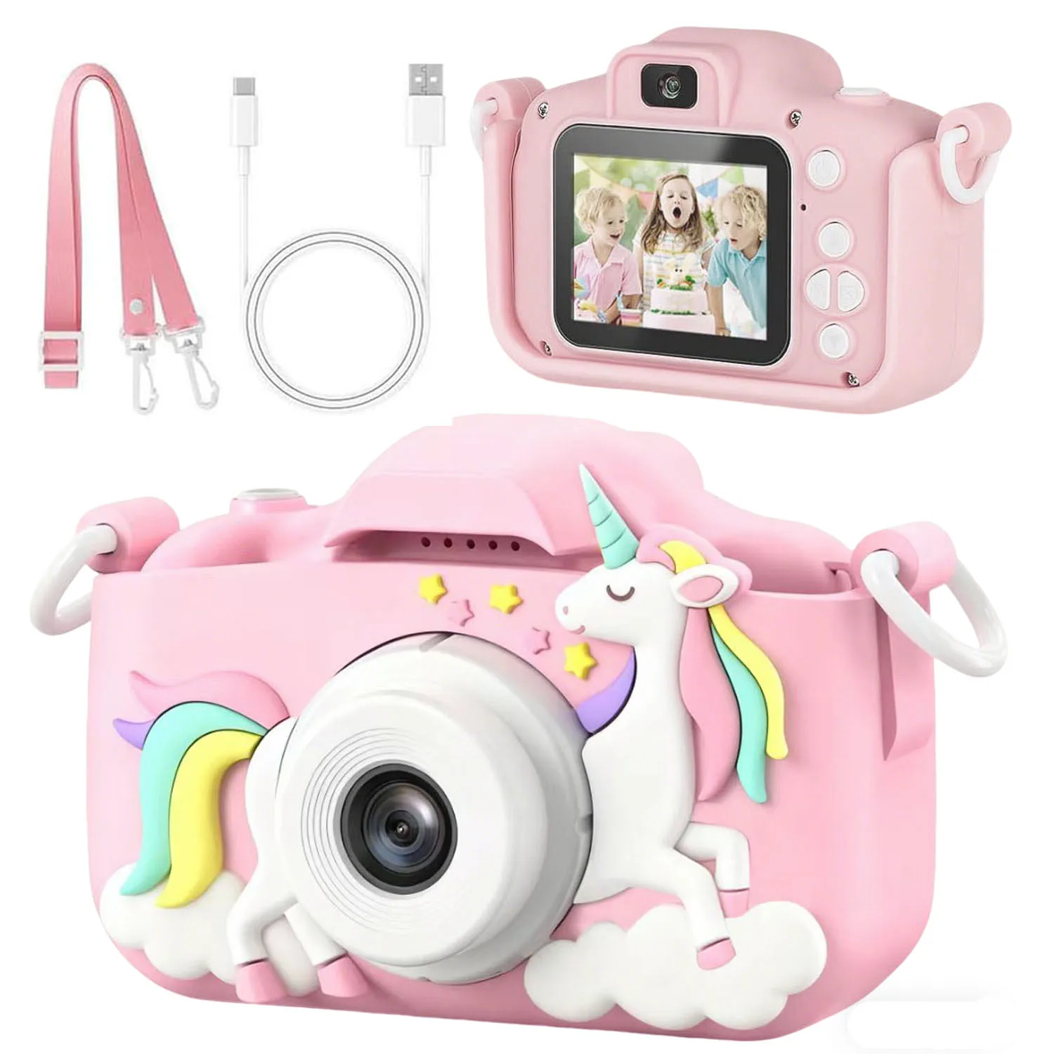 

Детская камера, 48 МП, двойная фронтальная и задняя камеры с разрешением 1080p HD, пять развивающих игр, лучший выбор для Рождества, Хэллоуина и дня рождения