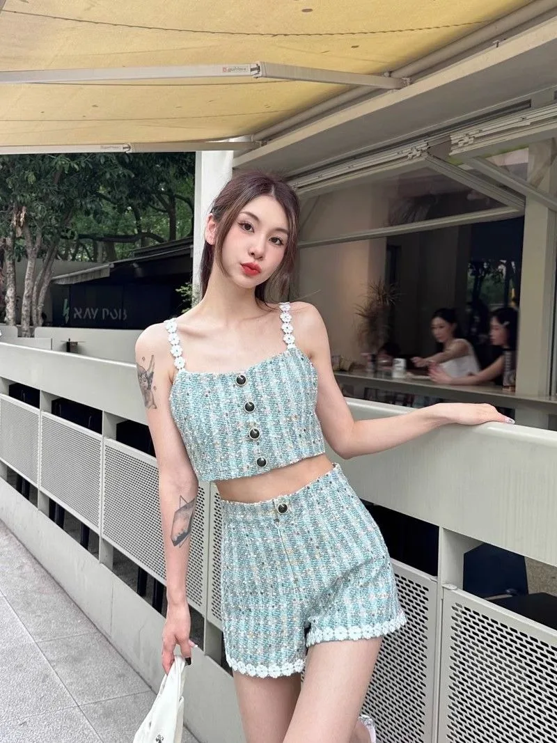 Sexy High Waist Short Pant Womens Two Peice Sets Tweed Vest Crop Top Korean Tanks Camis Plaid Shirts Chic Blouse New Shorts